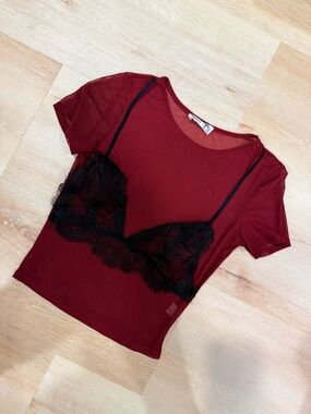 Red Mesh Tee with Black Lace Bralette Overlay